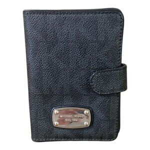 Michael Kors GUC Signature Black Passport Wallet Travel Organizer Gold Plate